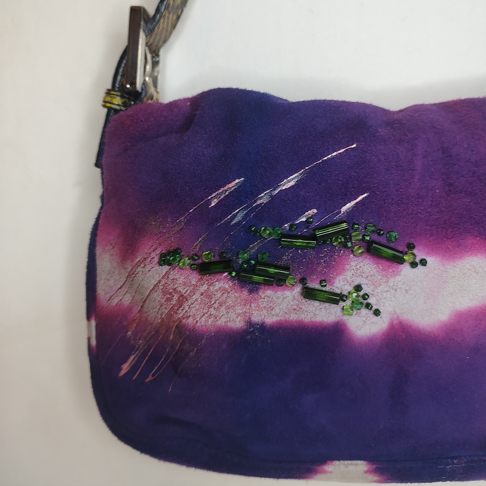 Fendi Suede Baguette Shoulder Bag NWT Beaded Python Flap Handbag Clutch Purple - Picture 13 of 16